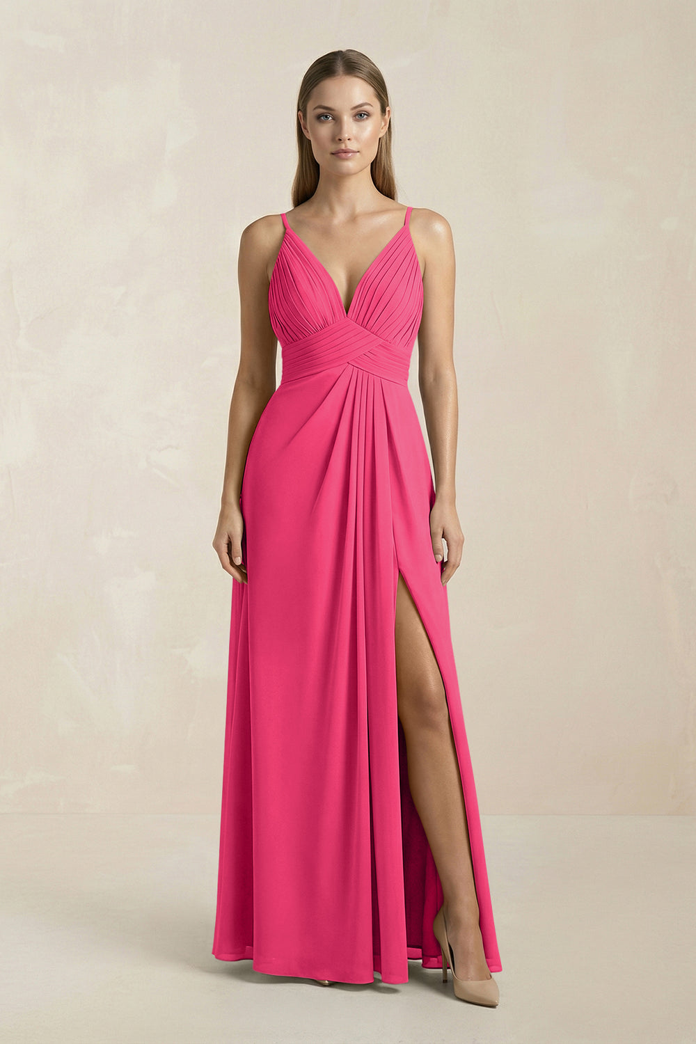 V-Neck A-Line Pleated Chiffon Bridesmaid Dress in Fuchsia
