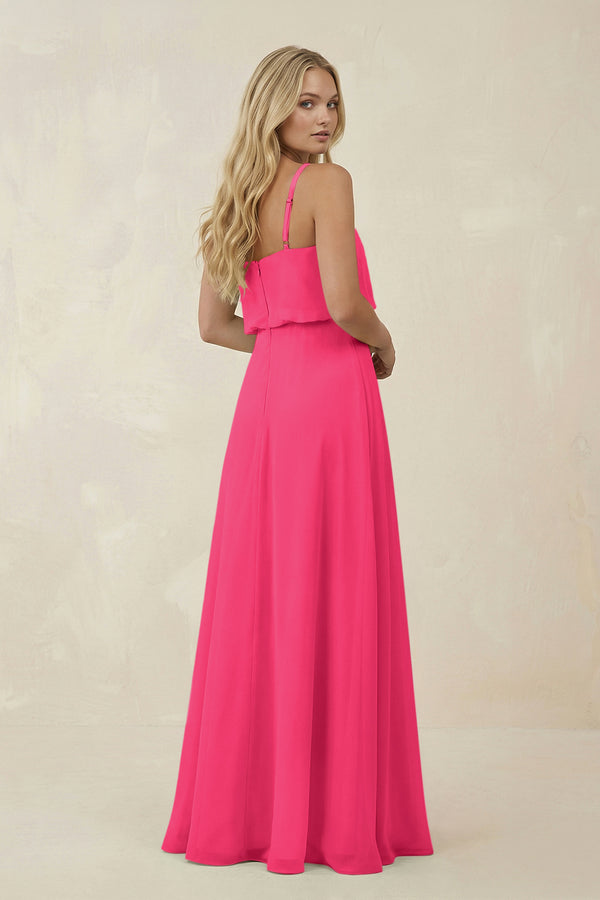 Fuchsia V-Neck Blouson A-Line Chiffon Bridesmaid Dress (2) | KISSBRIDAL
