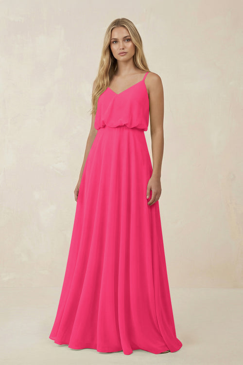 Fuchsia V-Neck Blouson A-Line Chiffon Bridesmaid Dress | KISSBRIDAL