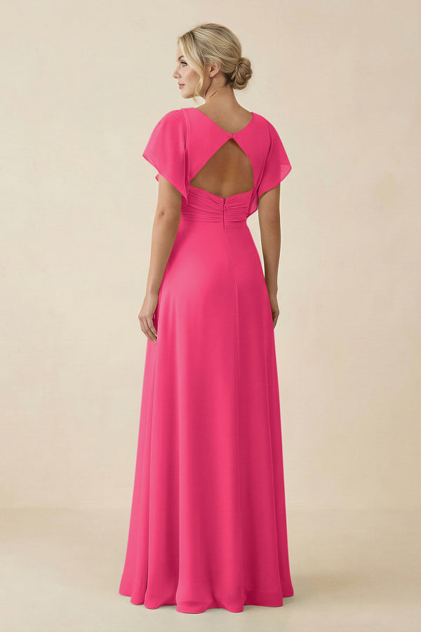 Fuchsia V-Neck Cap Sleeve Chiffon Bridesmaid Dress with Cut-out Back (2) | KISSBRIDAL