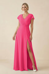 Fuchsia V-Neck Cap Sleeve Chiffon Bridesmaid Dress with Cut-out Back | KISSBRIDAL
