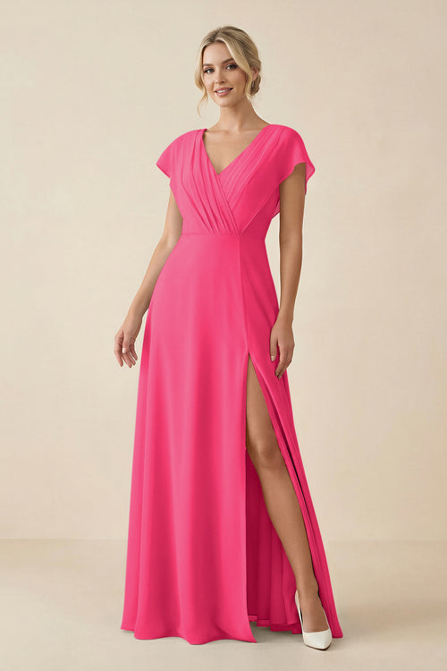 Fuchsia V-Neck Cap Sleeve Chiffon Bridesmaid Dress with Cut-out Back | KISSBRIDAL