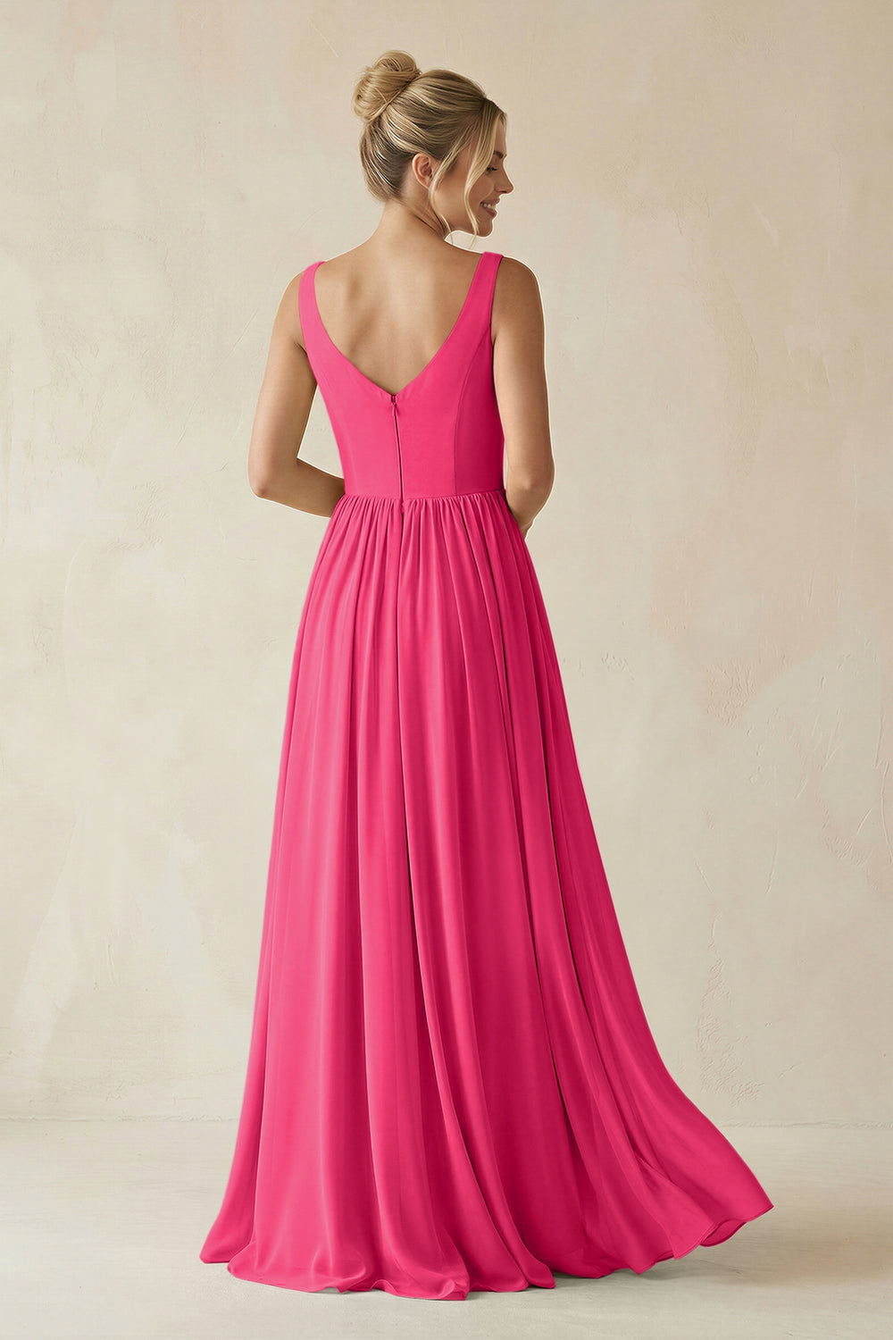 V-Neck Chiffon A-Line Long Bridesmaid Dress in Fuchsia