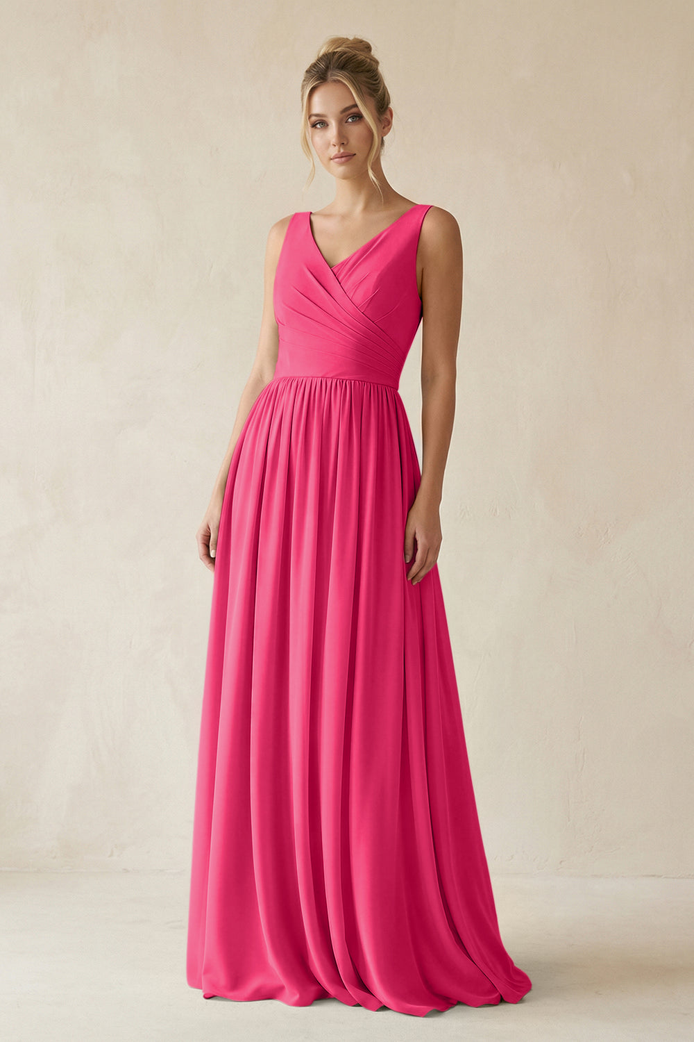 V-Neck Chiffon A-Line Long Bridesmaid Dress in Fuchsia