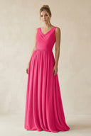 Fuchsia V-Neck Chiffon A-Line Long Bridesmaid Dress | KISSBRIDAL