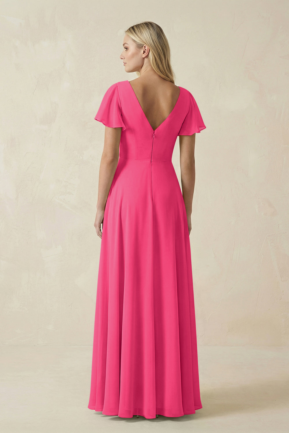 V-Neck Flutter Sleeve A-Line Chiffon Bridesmaid Dress in Fuchsia