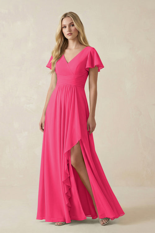 Fuchsia V-Neck Flutter Sleeve A-Line Chiffon Bridesmaid Dress | KISSBRIDAL