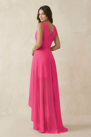 Fuchsia V-Neck High-Low Chiffon Bridesmaid Dress (2) | KISSBRIDAL