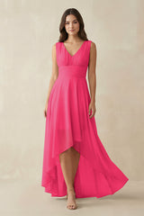Fuchsia V-Neck High-Low Chiffon Bridesmaid Dress | KISSBRIDAL