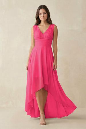 Fuchsia V-Neck High-Low Chiffon Bridesmaid Dress | KISSBRIDAL