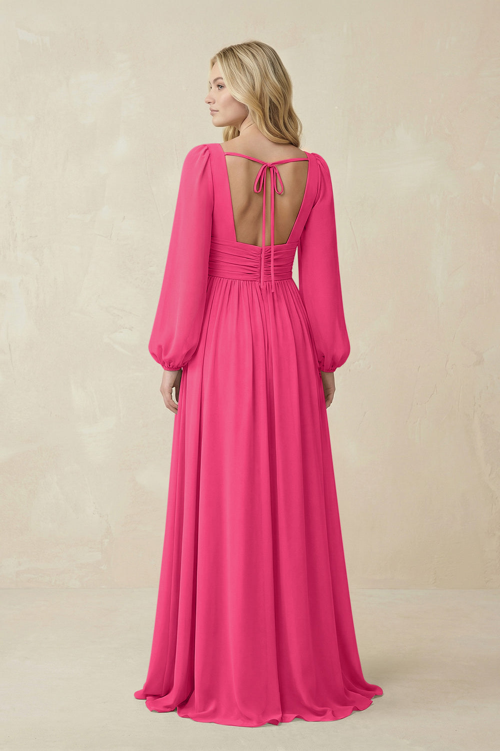 V-Neck Long Sleeve A-Line Chiffon Bridesmaid Dress in Fuchsia