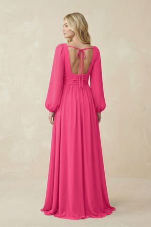 Fuchsia V-Neck Long Sleeve A-Line Chiffon Bridesmaid Dress (2) | KISSBRIDAL
