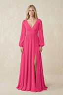 Fuchsia V-Neck Long Sleeve A-Line Chiffon Bridesmaid Dress | KISSBRIDAL