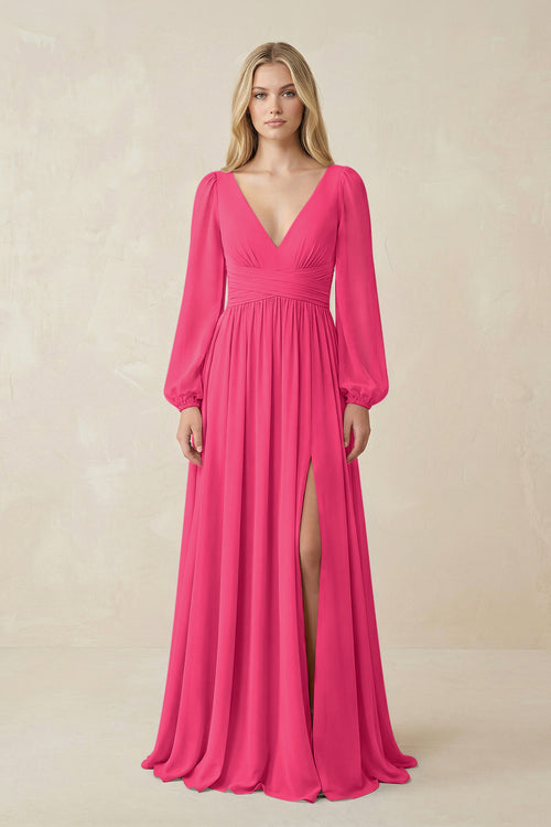 Fuchsia V-Neck Long Sleeve A-Line Chiffon Bridesmaid Dress | KISSBRIDAL