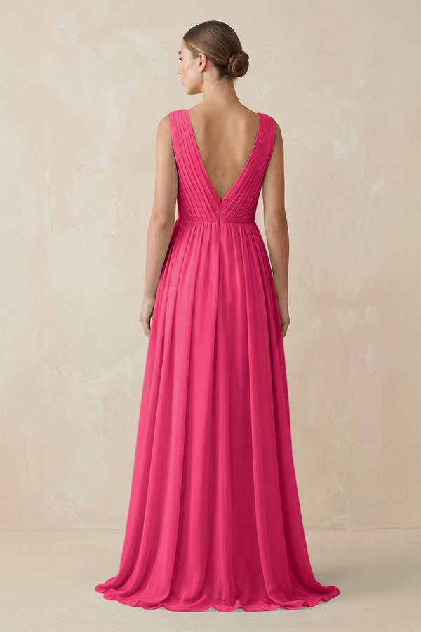 Fuchsia V-Neck Pleated A-Line Chiffon Bridesmaid Dress (2) | KISSBRIDAL