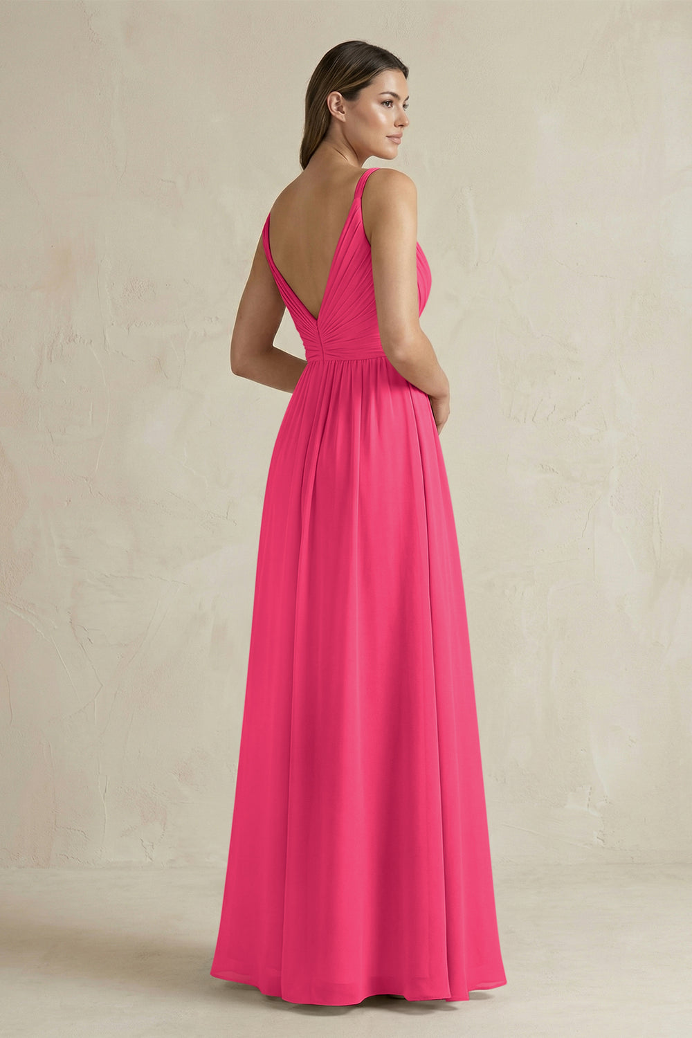 V-Neck Pleated A-Line Chiffon Bridesmaid Dress in Fuchsia