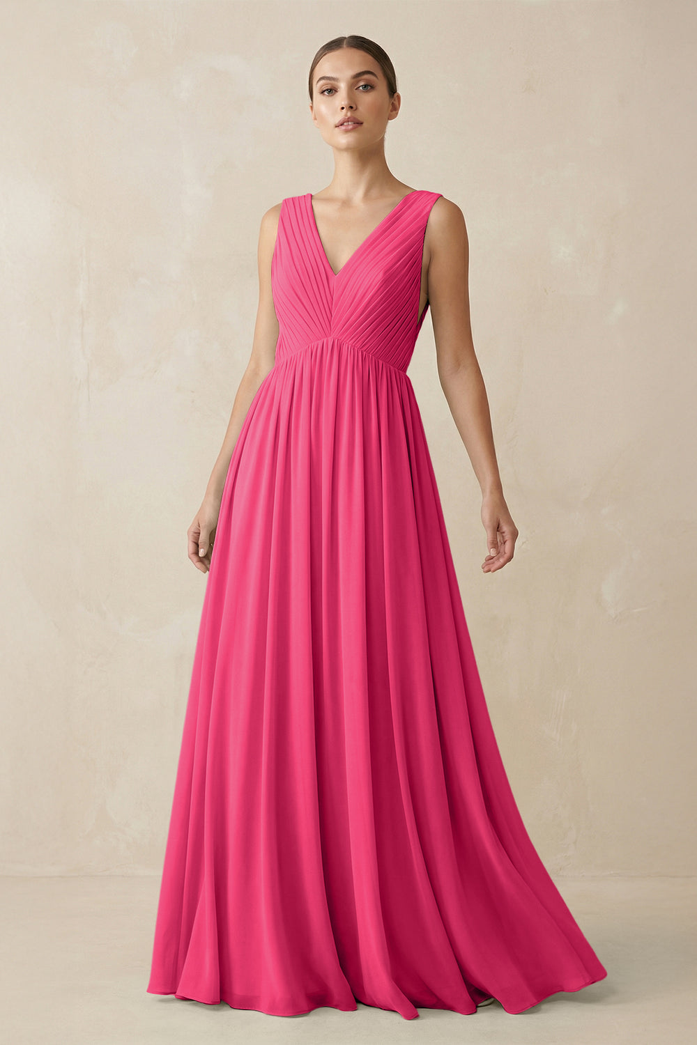 V-Neck Pleated A-Line Chiffon Bridesmaid Dress in Fuchsia