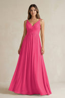 Fuchsia V-Neck Pleated A-Line Chiffon Bridesmaid Dress | KISSBRIDAL