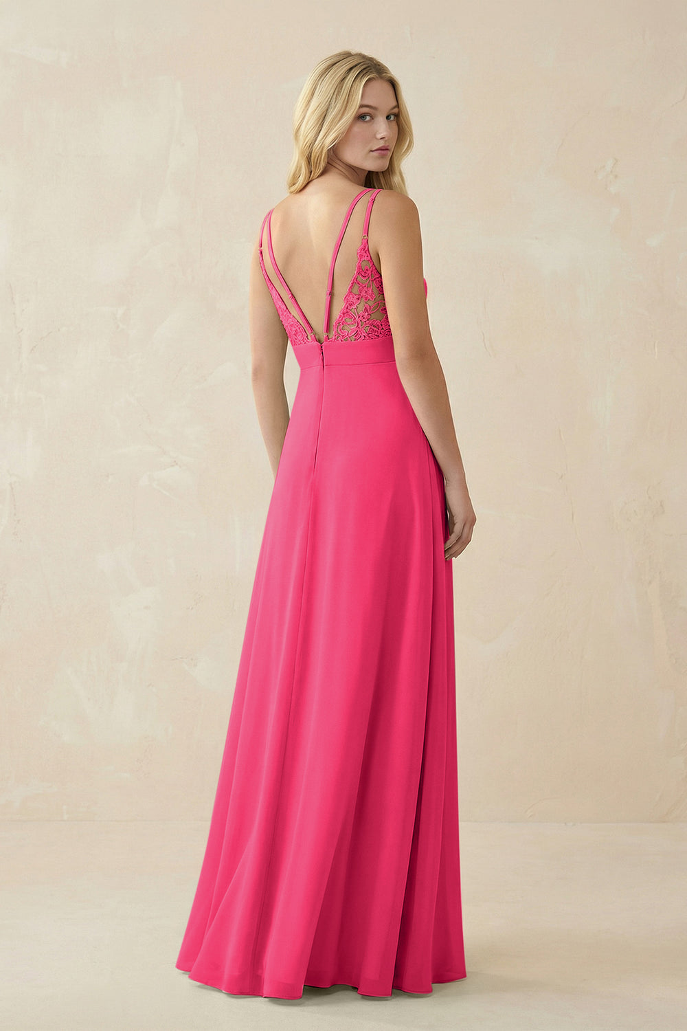V-Neck Ruched Chiffon Bridesmaid Dress with Slit in Fuchsia