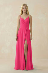 Fuchsia V-Neck Ruched Chiffon Bridesmaid Dress with Slit | KISSBRIDAL