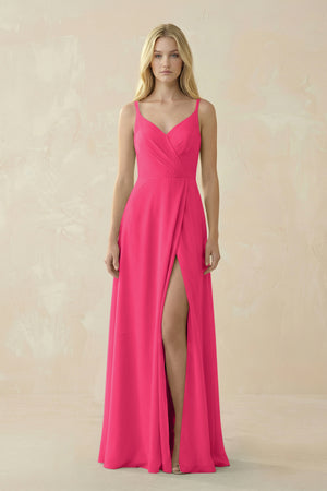 Fuchsia V-Neck Ruched Chiffon Bridesmaid Dress with Slit | KISSBRIDAL