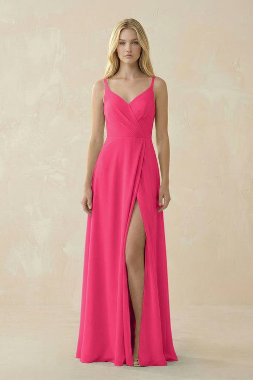Fuchsia V-Neck Ruched Chiffon Bridesmaid Dress with Slit | KISSBRIDAL