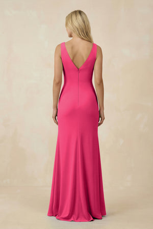 Fuchsia V-Neck Ruched Sheath Bridesmaid Dress with Slit (2) | KISSBRIDAL