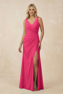 Fuchsia V-Neck Ruched Sheath Bridesmaid Dress with Slit | KISSBRIDAL