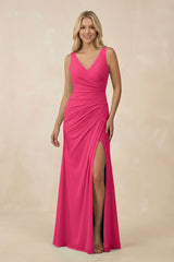 Fuchsia V-Neck Ruched Sheath Bridesmaid Dress with Slit | KISSBRIDAL