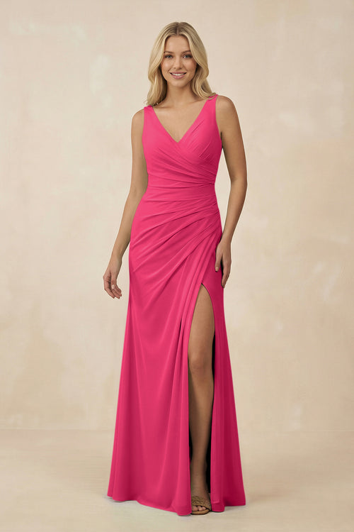 Fuchsia V-Neck Ruched Sheath Bridesmaid Dress with Slit | KISSBRIDAL