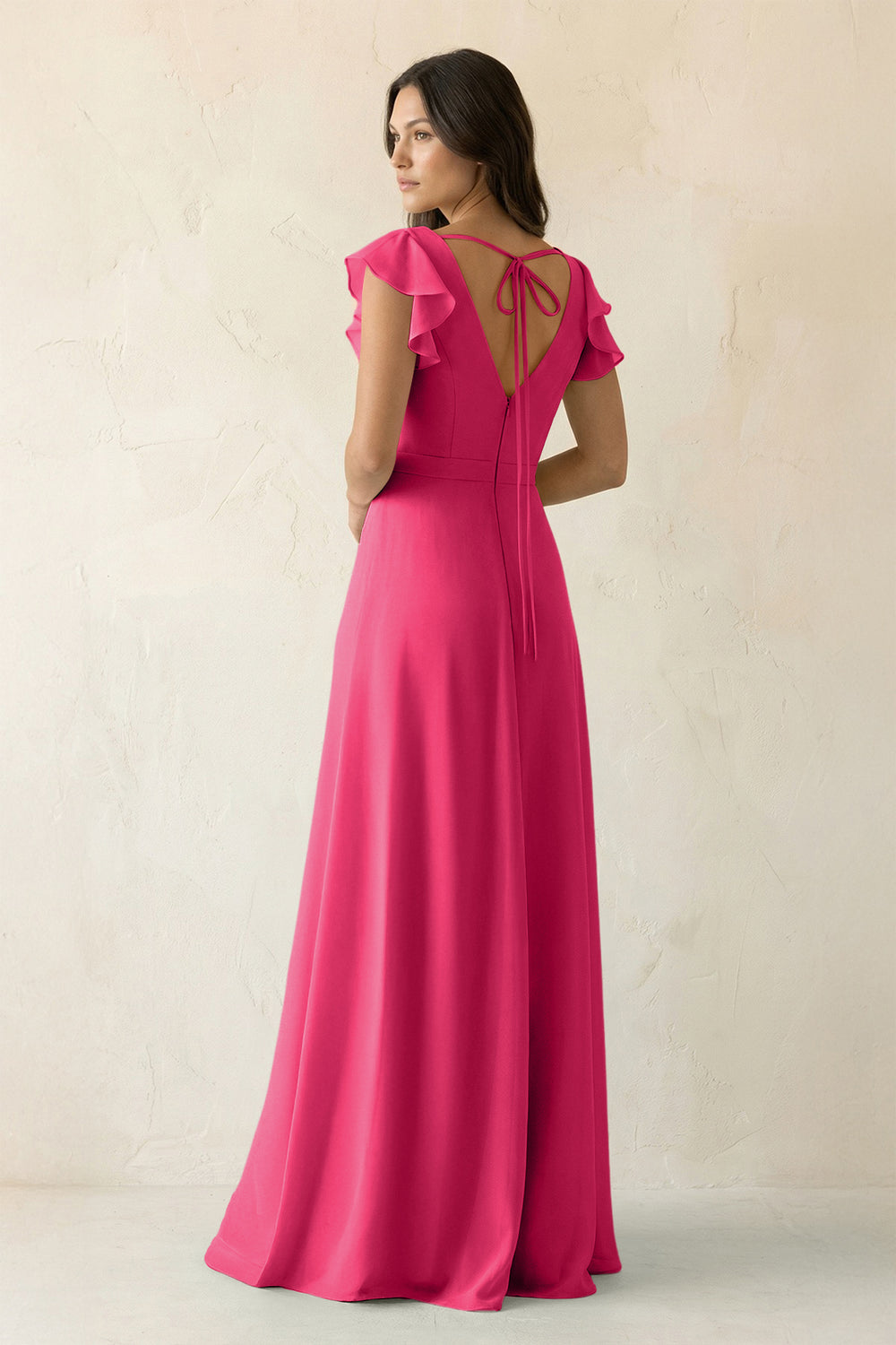 V-Neck Ruffled A-Line Chiffon Bridesmaid Dress in Fuchsia