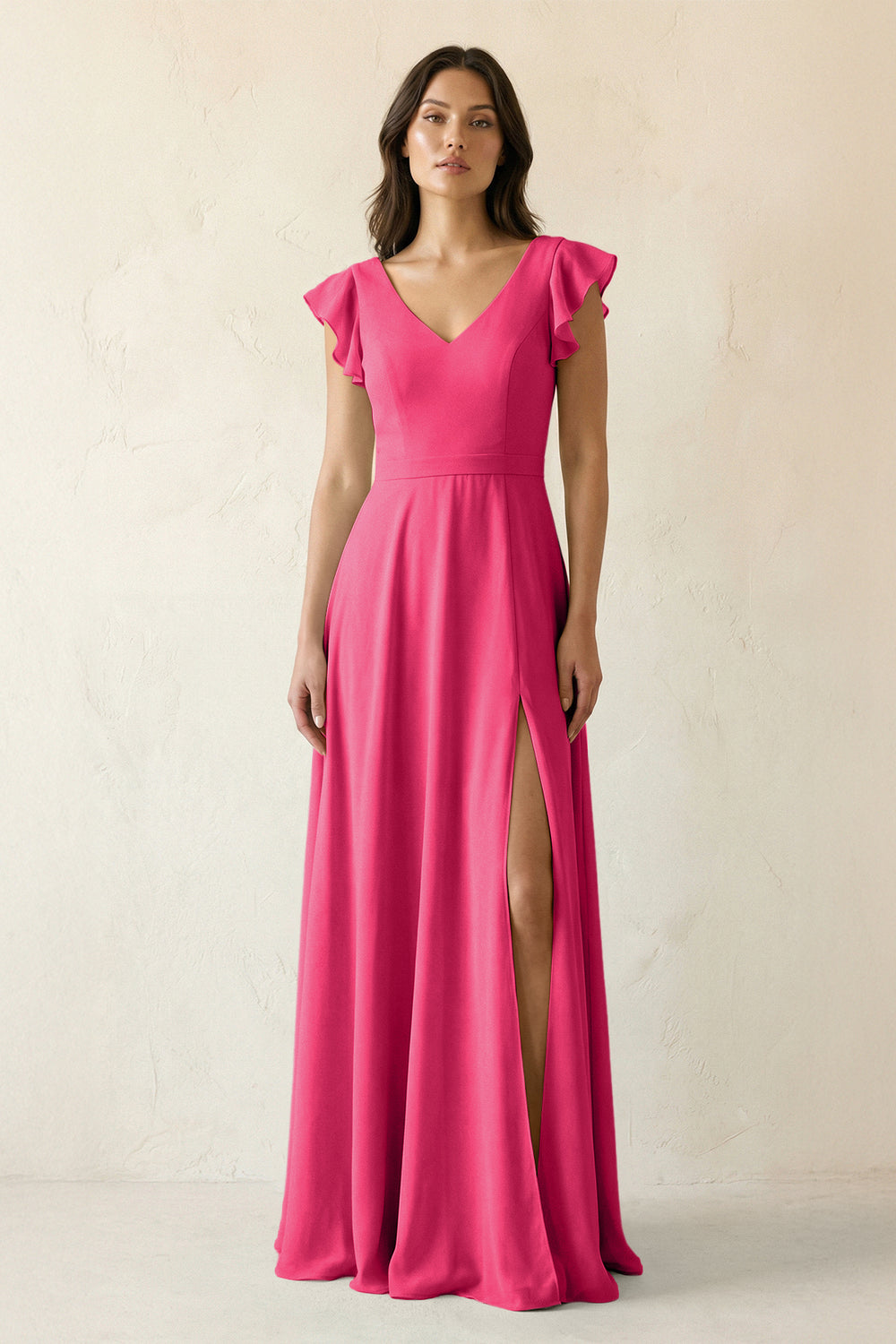 V-Neck Ruffled A-Line Chiffon Bridesmaid Dress in Fuchsia