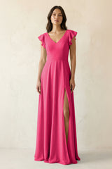 Fuchsia V-Neck Ruffled A-Line Chiffon Bridesmaid Dress | KISSBRIDAL
