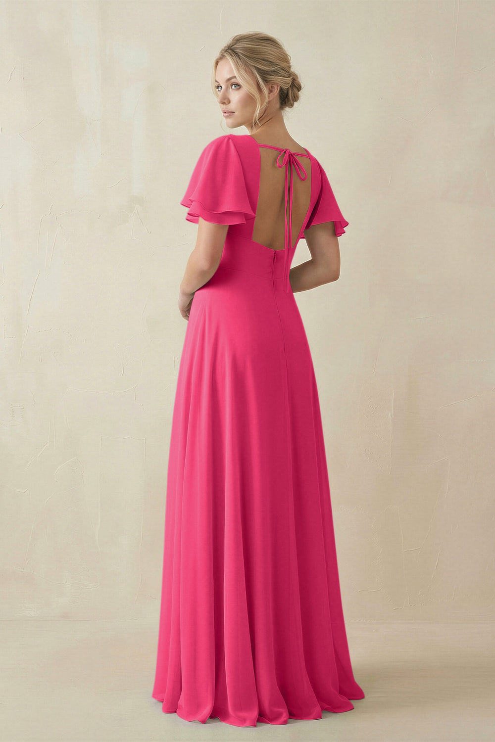 V-Neck Ruffled Short Sleeves A-Line Bridesmaid Dress in Fuchsia