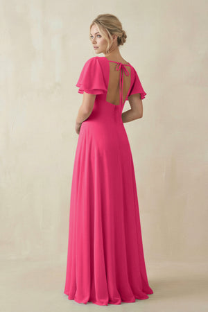Fuchsia V-Neck Ruffled Short Sleeves A-Line Bridesmaid Dress (2) | KISSBRIDAL