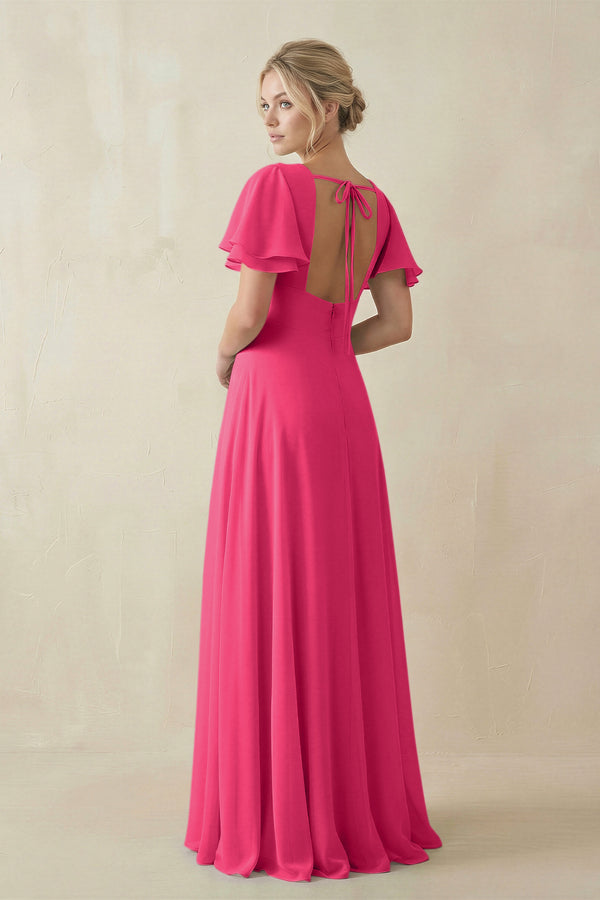 Fuchsia V-Neck Ruffled Short Sleeves A-Line Bridesmaid Dress (2) | KISSBRIDAL