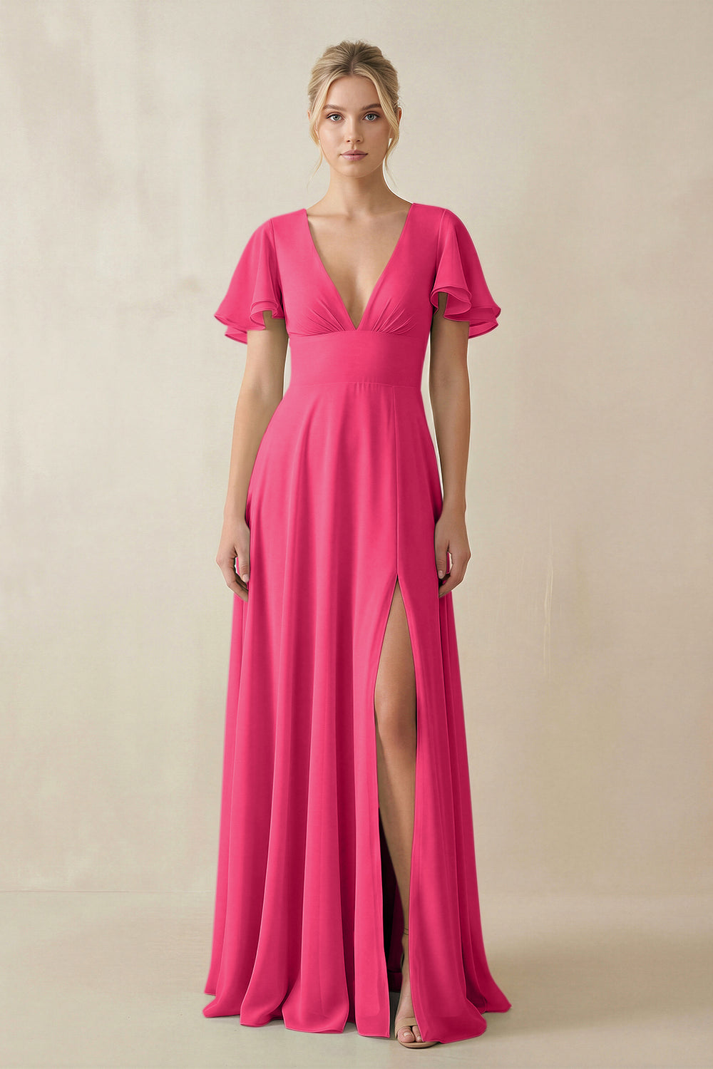 V-Neck Ruffled Short Sleeves A-Line Bridesmaid Dress in Fuchsia