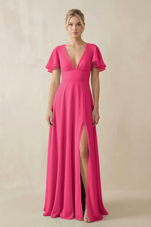 Fuchsia V-Neck Ruffled Short Sleeves A-Line Bridesmaid Dress | KISSBRIDAL