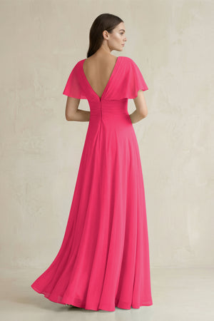 Fuchsia V-Neck Ruffled Sleeve A-Line Chiffon Bridesmaid Dress (2) | KISSBRIDAL