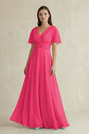 Fuchsia V-Neck Ruffled Sleeve A-Line Chiffon Bridesmaid Dress | KISSBRIDAL