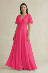 Fuchsia V-Neck Ruffled Sleeve A-Line Chiffon Bridesmaid Dress | KISSBRIDAL