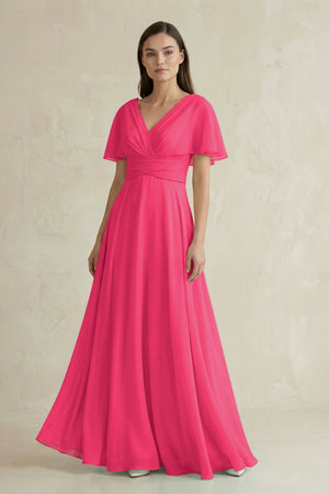 Fuchsia V-Neck Ruffled Sleeve A-Line Chiffon Bridesmaid Dress | KISSBRIDAL