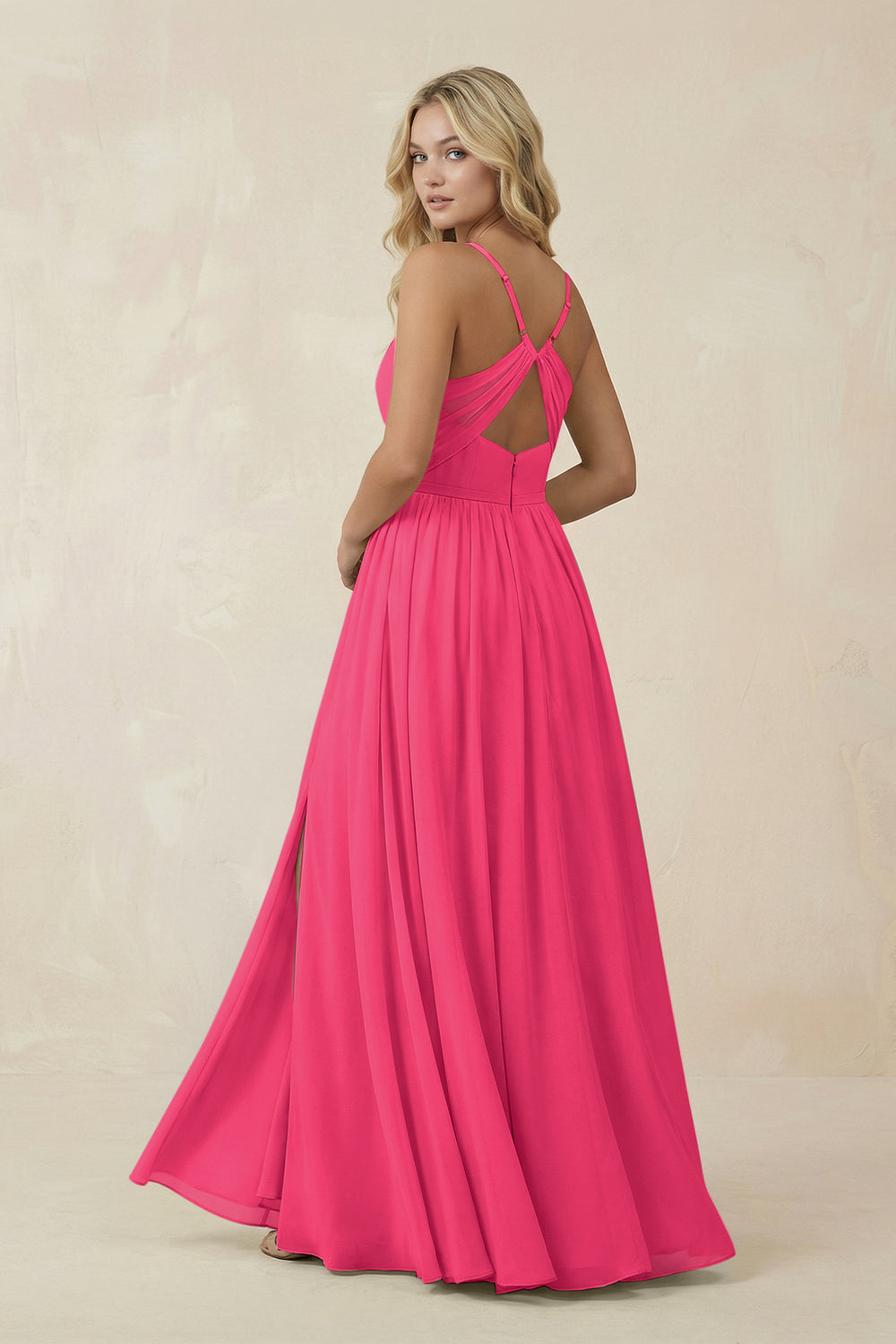 V-Neck Spaghetti Strap A-Line Chiffon Bridesmaid Dress in Fuchsia
