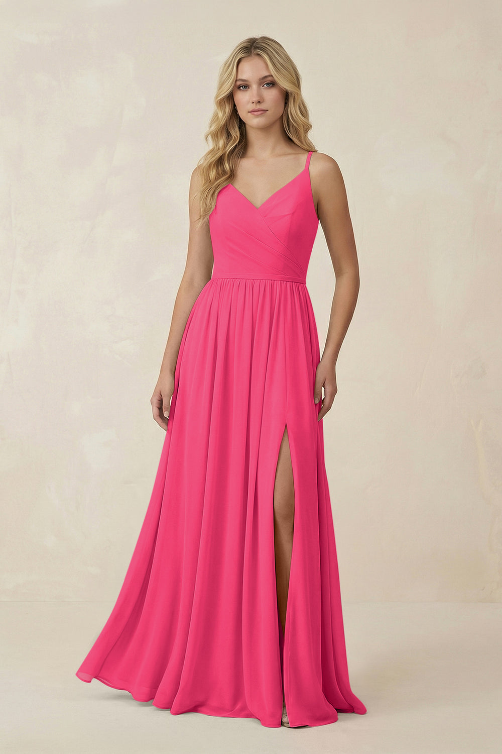 V-Neck Spaghetti Strap A-Line Chiffon Bridesmaid Dress in Fuchsia