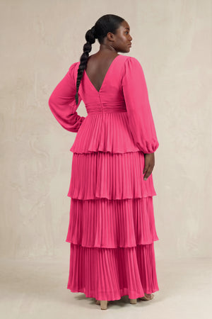 Fuchsia V-Neck Tiered A-Line Long Sleeve Bridesmaid Dress (2) [sizeplus] | KISSBRIDAL