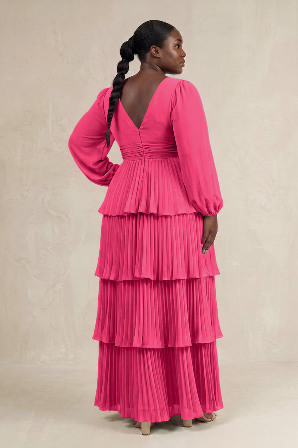 Fuchsia V-Neck Tiered A-Line Long Sleeve Bridesmaid Dress (2) [sizeplus] | KISSBRIDAL
