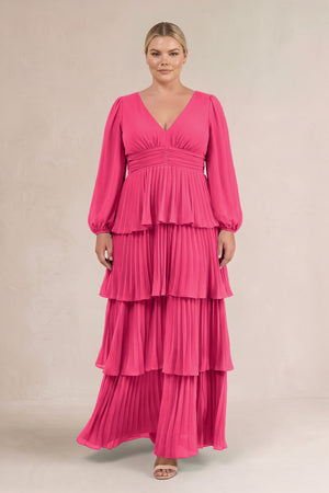Fuchsia V-Neck Tiered A-Line Long Sleeve Bridesmaid Dress (3) [sizeplus] | KISSBRIDAL