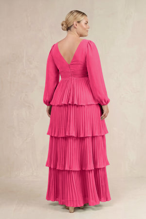Fuchsia V-Neck Tiered A-Line Long Sleeve Bridesmaid Dress (4) [sizeplus] | KISSBRIDAL