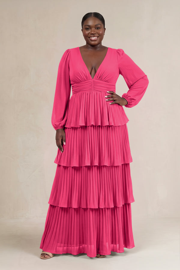 Fuchsia V-Neck Tiered A-Line Long Sleeve Bridesmaid Dress [sizeplus] | KISSBRIDAL