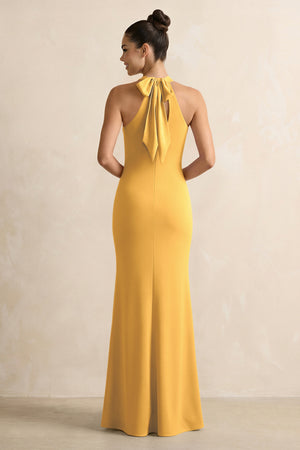 Gold Crisscross Halter Sheath Satin Bridesmaid Dress with Bow (2) | KISSBRIDAL
